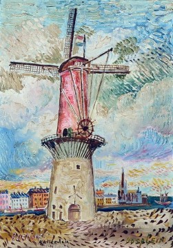  1955 Pintura Art%c3%adstica - Molino de viento en Rotterdam 1955 ruso